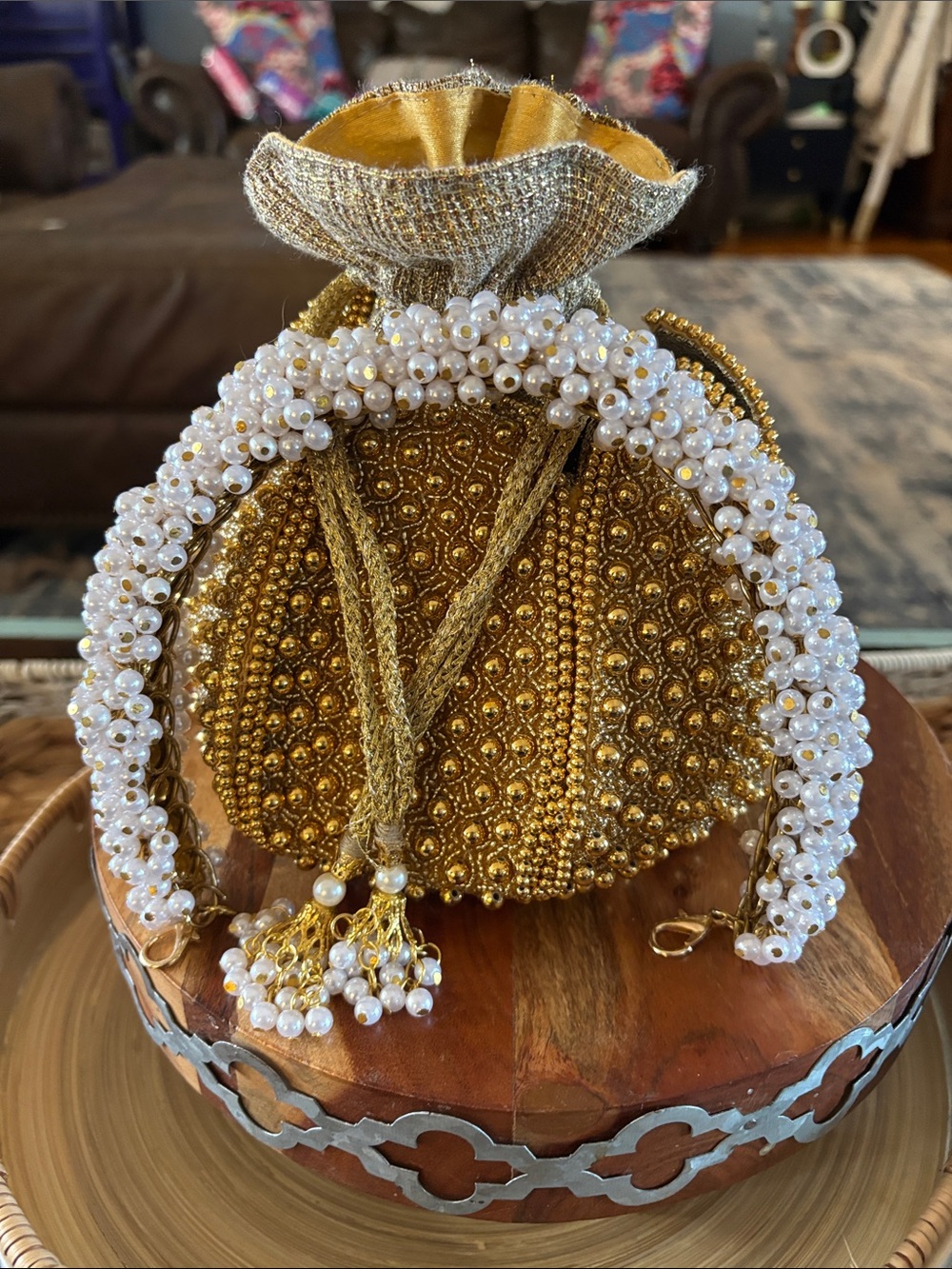 Gold Pearl-Trimmed Potli Clutch
